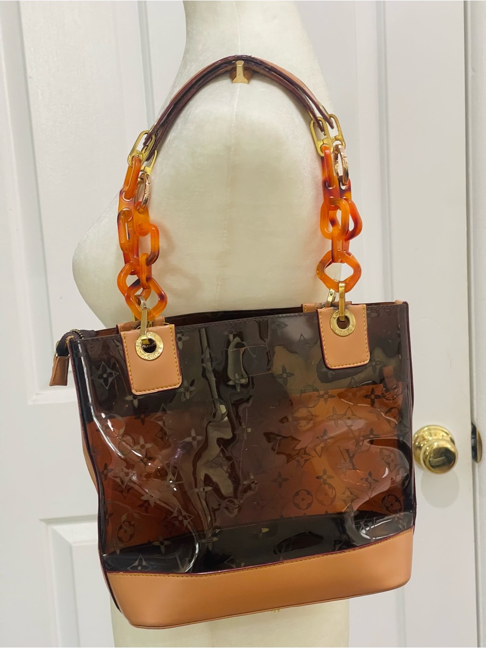 Brown Transparent Monogram Tote with Amber Chain Straps - Picture 15 of 16